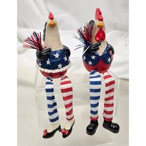 Patriotic Chicken Figurines Sitting Legs American Flag 4th July Decor‎ Set